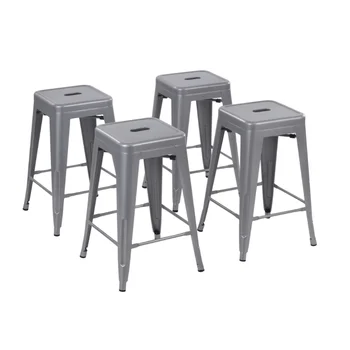 24-дюймовый штабелируемый металлический барный стул, набор из 4 предметов, включает 4 табурета, серебристый цвет, стиль без спинки