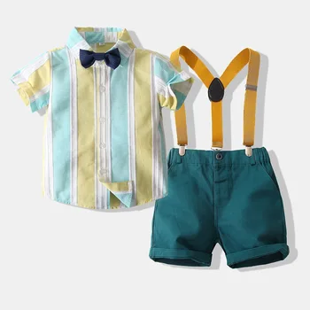 2023 Детский летний костюм для мальчиков, Джентльменские полосатые хлопковые рубашки с короткими рукавами в стиле пэчворк и комбинезоны, комплект одежды для малышей
