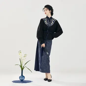Оригинальная ретро-система династии Мин, элементы династии Сун и Хань, улучшенная вышивка Hanfu, облако на плече, воротник-стойка Напротив юбки