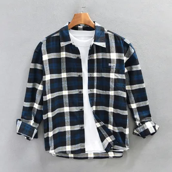 Весенне-осенняя новая мужская винтажная хлопковая рубашка с вышивкой и длинными рукавами, пальто