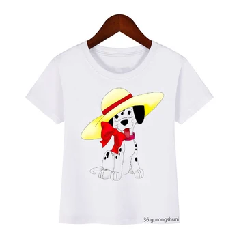 Новая летняя стильная детская одежда, футболка для мальчиков/девочек со шляпами, футболка с принтом собаки для девочек, кавайная детская одежда, футболки, топы