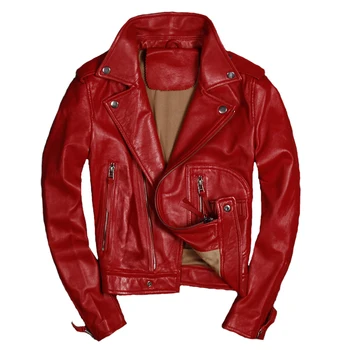 Куртка из натуральной кожи, пальто, Женская мотоциклетная байкерская кожаная куртка из натуральной овчины, Приталенная женская Верхняя одежда, Красный, черный