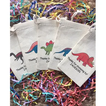 Сумка для вечеринки с динозавром, персонализированные хлопковые сумки для подарков на день рождения, подарок на крещение, приветственные сумки на шнурке, сумка для угощений, набор из 10