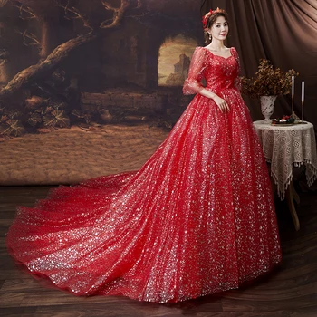 Сшитое на заказ Красное Романтическое свадебное платье с блестящими звездами, Большие размеры, Кружевные свадебные платья Принцессы с коротким рукавом, Vestidos De Novia