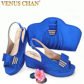 Venus Chan, модные и удобные женские босоножки на среднем каблуке в африканском стиле с узором Пейсли в стиле ретро, синие стразы, комплект сумок