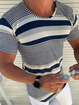 Мужская трикотажная футболка в полоску с круглым вырезом и коротким рукавом, летний вязаный свитер