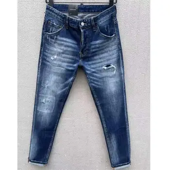 Мужские модные джинсы с дырочками, окрашенные распылением, Модные мото- и байкерские повседневные брюки из джинсовой ткани C012