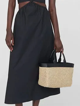 Женские модные сумки на одно плечо с вышивкой логотипа, женская Открытая Черная соломенная сумка Большой Емкости, Новая