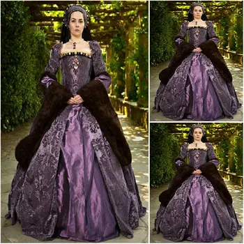 Костюм эпохи Тюдоров, фиолетовое королевское платье Анны Болейн, викторианская королева Елизавета, готическое бальное платье, Викторианское платье для танцев в Версале