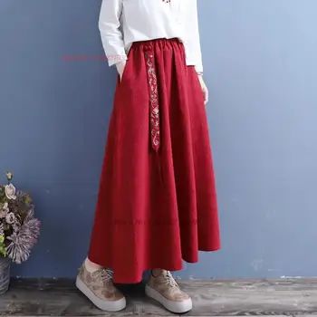 2023 женская винтажная хлопчатобумажная льняная юбка с кисточками, китайская национальная юбка трапециевидной формы с цветочной вышивкой, ретро длинная юбка в народном стиле с эластичным поясом