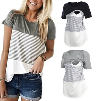 Женская футболка для беременных и кормящих, Топы для кормления, полосатая футболка с коротким рукавом, Большие размеры S-2XL