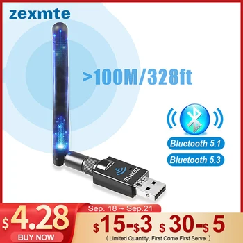 Zexmte 100M USB Bluetooth Адаптер Bluetooth 5.1 5.3 Передатчик 328ft Беспроводной Аудиоприемник USB Dongle Адаптер Для ПК Компьютера