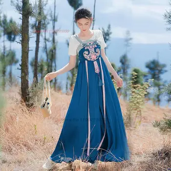 2023 китайское традиционное шифоновое платье феи ханфу, национальное платье без рукавов с цветочной вышивкой, элегантная одежда для выступлений на сцене