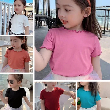 Топы из ледяного шелка для маленьких девочек, Корейский летний однотонный универсальный футболка, модная детская футболка с завитками