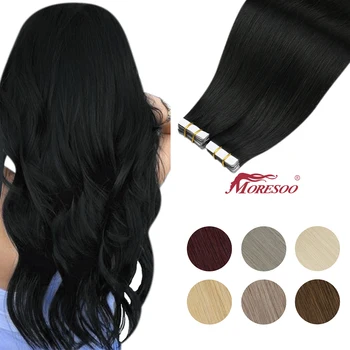 Moresoo Лента для Наращивания человеческих Волос 26 Дюймов 28 Дюймов Клей на Натуральных Искусственных Светлых Волосах Remy Черные Кусочки для Женщин Прямые Волосы