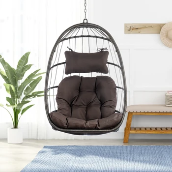 Открытый Плетеный ротанговый стул-качели Гамак Подвесной стул с алюминиевой рамой и темно-серой подушкой без подставки