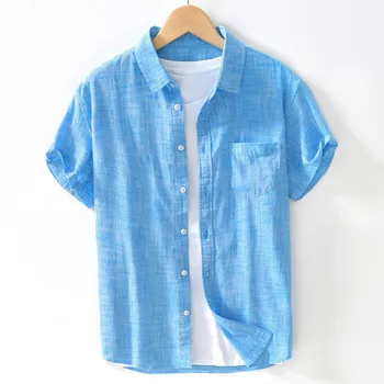Летняя повседневная мужская хлопчатобумажная рубашка с коротким рукавом, пляжные блузки с карманом, однобортные топы, праздничная одежда