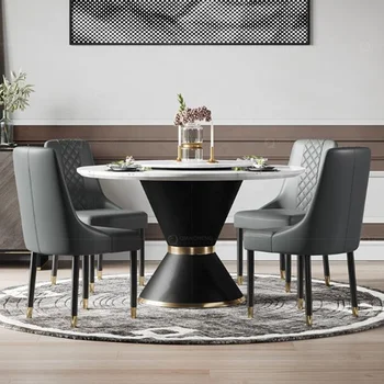набор мебели для современной домашней столовой из белого мрамора, обеденный стол и 6 стульев, круглый обеденный стол