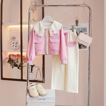 Весенне-осенний комплект одежды для девочек-подростков, Новая детская модная куртка с кружевными отворотами, повседневные брюки, комплект из 2 предметов от 3 до 12 лет