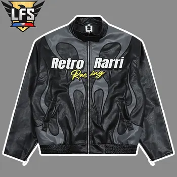 Мужская куртка из Искусственной кожи Хай Стрит, хип-хоп, Ретро, Бейсбольные пальто с вышивкой в виде огненных букв, Винтажные Свободные Мотоциклетные Куртки для колледжа