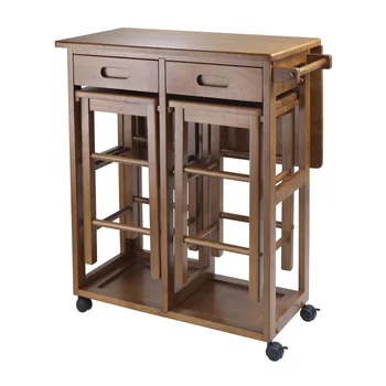 Кухонный стол Wood Suzanne из 3 предметов, 2 выдвижных табурета, Стол со стульями из тикового дерева, Столовые наборы