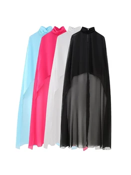 TRAF, Женское Модное Асимметричное Газовое полупрозрачное пальто-накидка, Винтажное пальто с высоким воротом сзади и пуговицами, Женская верхняя одежда, Шикарная одежда