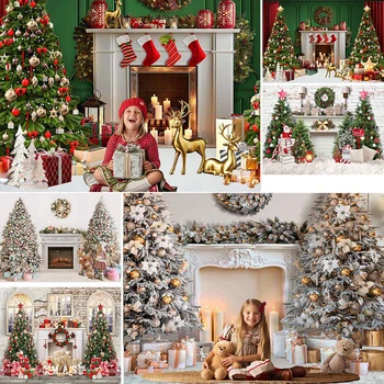Рождественский фон для фото с камином, Носки с Рождественской елкой, Портреты детей, Украшения для семейной вечеринки, Реквизит для студийной фотосъемки, баннер
