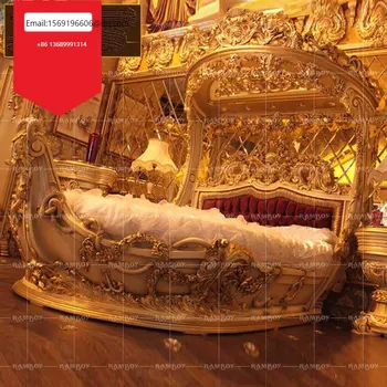 Роскошная лодочная кровать вилла из массива дерева с золотой фольгой двуспальная кровать императорская кровать кровать принца придворная пиратская свадебная кровать