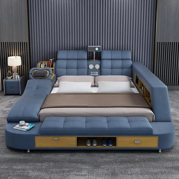 Современная умная Многофункциональная кровать Queen-Size, Скандинавская Роскошная Массажная ткань, Место для хранения мебели для спальни, Шикарные наборы