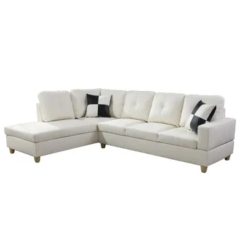 Секционный диван Hommoo из Искусственной кожи, L-образный диван, Комплект Секционных диванов для небольшой гостиной, Белый (без пуфика)