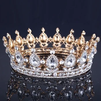 Новая мода, Роскошная Винтажная золотая свадебная корона, свадебная тиара из сплава, королева барокко, корона Короля, золотой цвет, горный хрусталь, тиара, корона