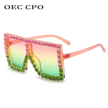 OEC CPO Негабаритные Квадратные Солнцезащитные очки с бриллиантами, Женские Брендовые Дизайнерские Солнцезащитные очки Со стразами, Женские Выпученные Винтажные очки O943