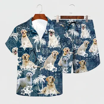 Рубашка Летний английский гавайский комплект с лабрадором, Гавайская рубашка с 3D принтом + Пляжные шорты, Мужская и Женская Забавная одежда для собак