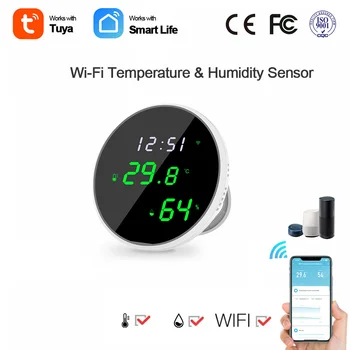 Цифровой дисплей Tuya Wi-Fi Беспроводной Датчик температуры и влажности светодиодный Зеркальный экран, Детектор термометра для помещений, Питание от USB