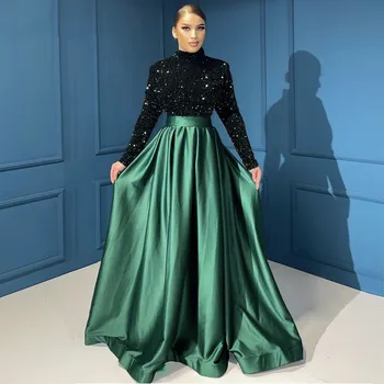 Элегантное мусульманское зеленое вечернее платье для женщин с длинными рукавами и высоким воротом, велюровые вечерние платья для выпускного вечера и свадебной вечеринки на заказ