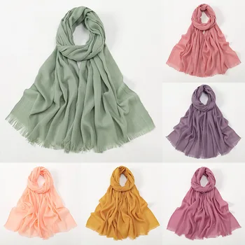 Хлопковый шарф-хиджаб, Мягкие длинные шарфы с кисточками, Мусульманский платок, Исламский Тюрбан, Однотонные Солнцезащитные Шали, Осенний женский шарф