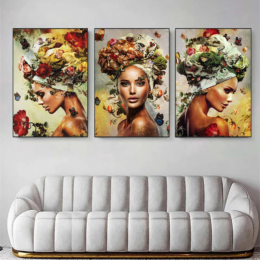 Ретро африканские женщины цветы холст картина бабочка девушки художественные плакаты и принты Настенный декор Картина для украшения дома в комнате