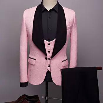 Мужские костюмы Новейший дизайн Пальто, брюк, Шали с лацканами, Комплект из 3 предметов, Свадебные костюмы с розовым принтом Для мужчин, Сшитый на заказ Смокинг, мужской костюм для выпускного вечера