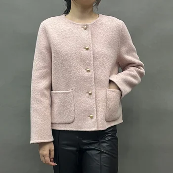 Женское модное короткое пальто из 100% натуральной шерсти 2023, Новые стили, Женская зимняя шерстяная куртка с круглым вырезом WB5797S
