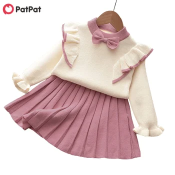 PatPat 2021, С Новым Годом, комплект из 2 предметов, вязаный топ с бантом и плиссированной юбкой для малышей
