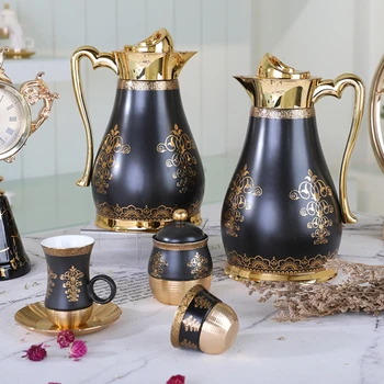 Королевский набор для чая и кофе с декором из черного золота, вакуумный кувшин, чайник, кофейная чашка, блюдце и кувшин, арабский кофейник dallah