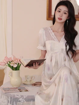 Женское кружевное шелковое ночное платье с V-образным вырезом, французские летние оборки, Короткий рукав, Сексуальные винтажные ночные рубашки с принтом принцессы, Викторианская одежда для сна