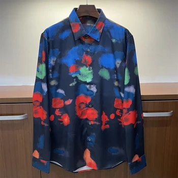 Весенне-осенние подиумы в европейском стиле, мужские Высококачественные рубашки из 50% шелка с дизайнерским принтом, топы B977