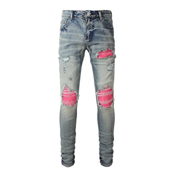 Мужские треснутые байкерские джинсы с заплатками, Уличная одежда, Плиссированные лоскутные стрейчевые джинсовые брюки, Рваные потертые узкие зауженные брюки