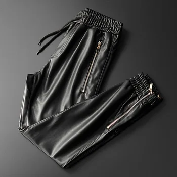 Мужские Кожаные брюки Высшего качества с эластичной резинкой на талии, Брюки для бега трусцой, Мотоциклетные брюки из искусственной кожи, Шаровары с карманами
