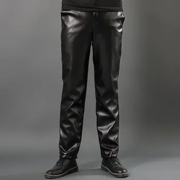 Мужские кожаные брюки, осенне-зимние Новые плотные теплые прямые брюки, простые повседневные теплые брюки Большого размера