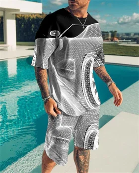 Летняя новая футболка с 3D градиентной печатью, Комплект шорт, мужская повседневная футболка с рисунком, модная спортивная одежда из двух частей с коротким рукавом