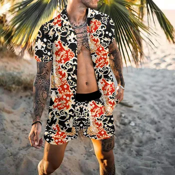 Мужские винтажные рубашки и шорты с цветочным рисунком, костюм из 2 предметов, комплекты одежды для отдыха, Повседневные пляжные гавайские рубашки на пуговицах, Костюмы для мужчин 2023