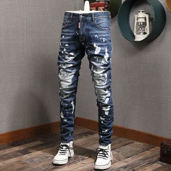 Модные новые мужские джинсы, рваные трендовые тонкие Джинсы для стирки в тяжелой воде, уличные брюки