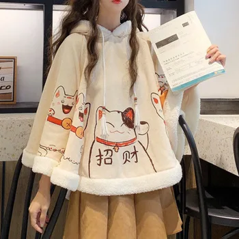 2023 Кавайный плащ с ушками, верхняя одежда с капюшоном, японский флисовый плащ Lucky Cat Harajuku, рукав 